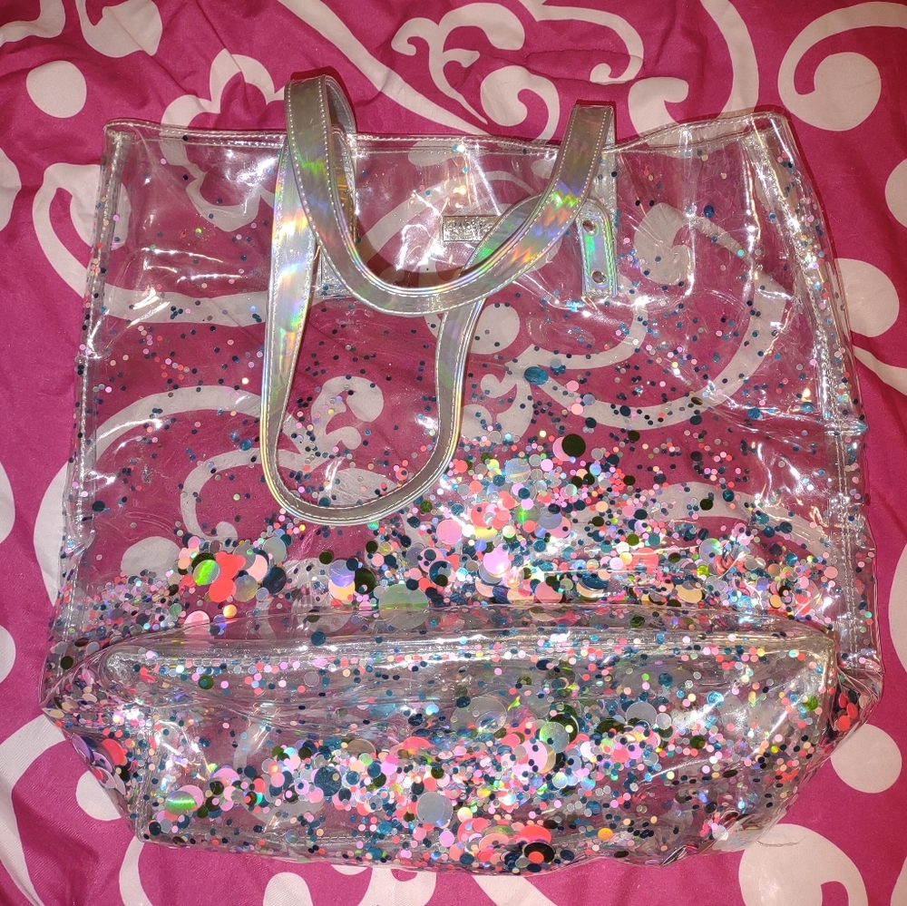 Packed Party confetti vinyl bucket tote w/ RARE silver holographic handle